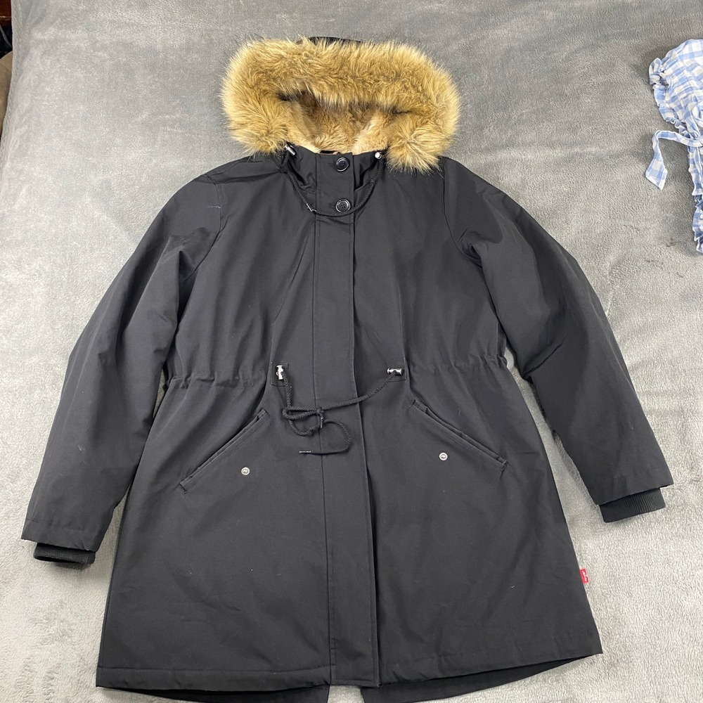 Levi Strauss Co Parka Jacket Women's XL Black Faux Fur‎ Hood Quilted Lined Warm